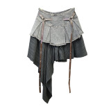 Splicing denim pleated half skirt high waist A-line short skirt