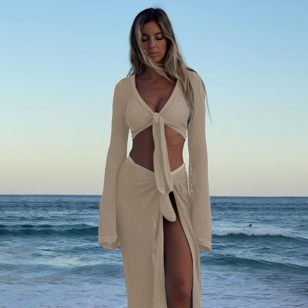 Hollow out long sleeved knitted two-piece set