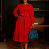 Round-neck long-sleeved three-dimensional floral skirt dress D602