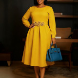 Round-neck long-sleeved three-dimensional floral skirt dress D602