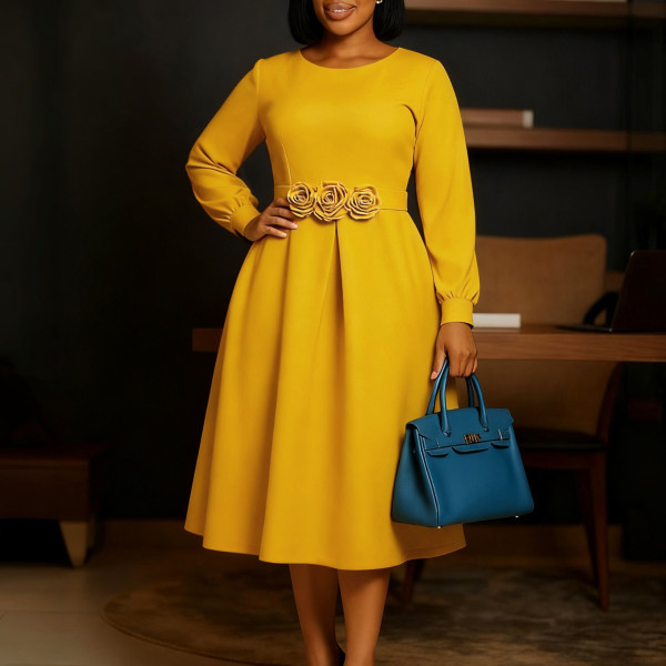 Round-neck long-sleeved three-dimensional floral skirt dress D602