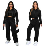 Embroidered Letter Zip-Up Hoodie with Multiple Pockets and Drawstring Pants Sports Three-Piece Set
