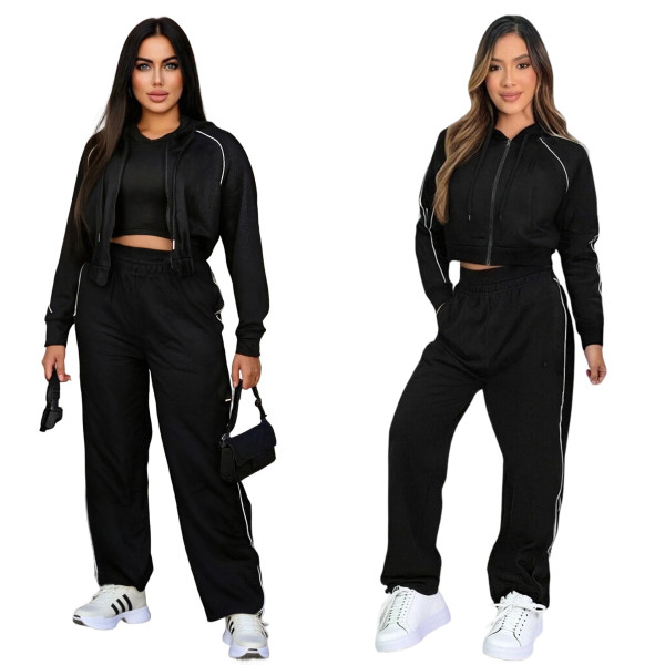 Embroidered Letter Zip-Up Hoodie with Multiple Pockets and Drawstring Pants Sports Three-Piece Set