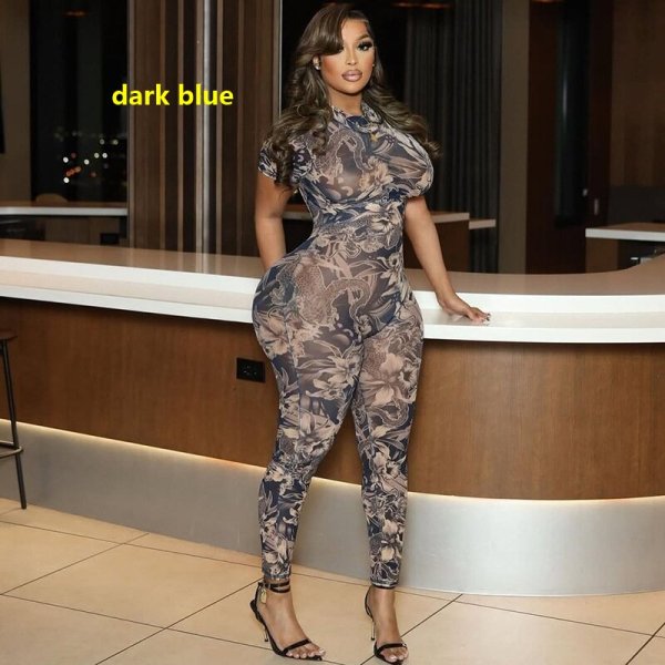 Backless pattern printed see through mesh jumpsuit