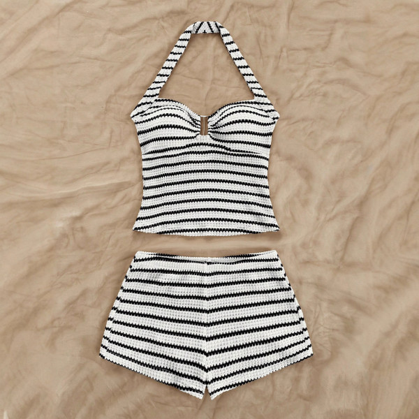 Black and white striped bikini boxer shorts set