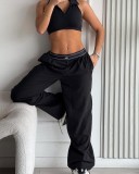 Straight tube loose wide leg pants with elastic waistband embroidered letter pants