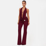Hanging neck, swinging collar, exposed back, tied rope top, metal buckle, slightly flared pants two-piece set