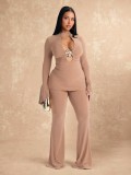 Deep V-neck flared sleeve top+micro flared pants set
