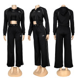 Embroidered Letter Zip-Up Hoodie with Multiple Pockets and Drawstring Pants Sports Three-Piece Set