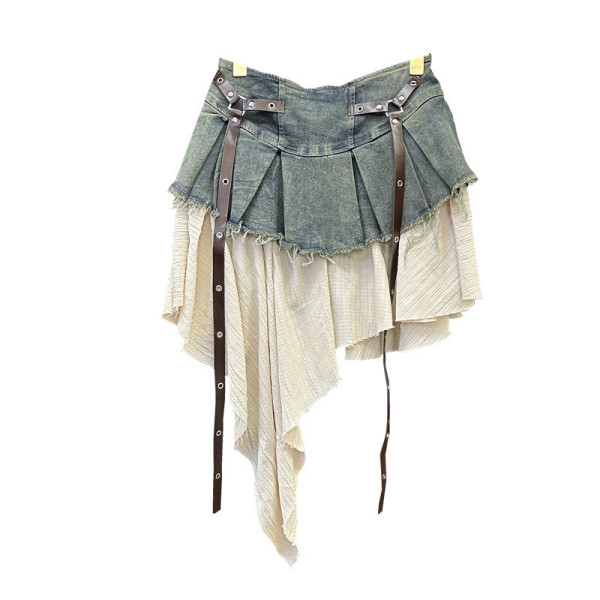 Splicing denim pleated half skirt high waist A-line short skirt