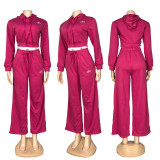Embroidered letter zipper sweatshirt, double waisted wide leg pants, sports suit