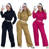 Embroidered letter zipper sweatshirt, double waisted wide leg pants, sports suit