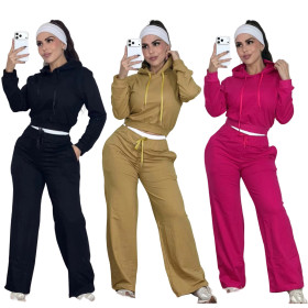 Embroidered letter zipper sweatshirt, double waisted wide leg pants, sports suit