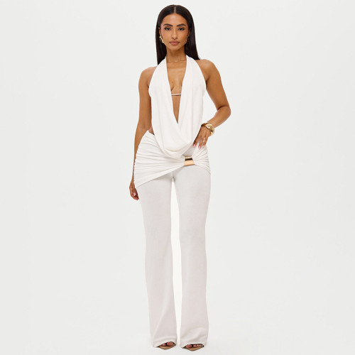Hanging neck, swinging collar, exposed back, tied rope top, metal buckle, slightly flared pants two-piece set