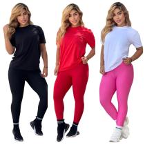 Round neck short sleeved top+high stretch quick drying yoga pants set