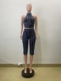 Black and white striped sleeveless lapel vest top, 7-inch pants two-piece set