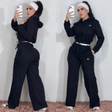Embroidered letter zipper sweatshirt, double waisted wide leg pants, sports suit
