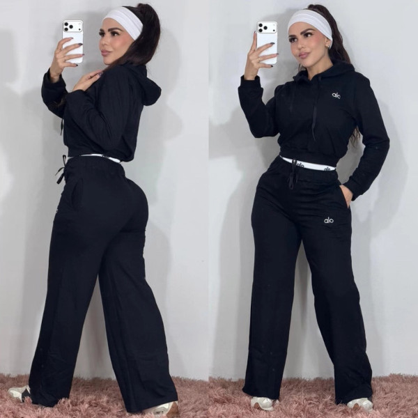 Embroidered letter zipper sweatshirt, double waisted wide leg pants, sports suit
