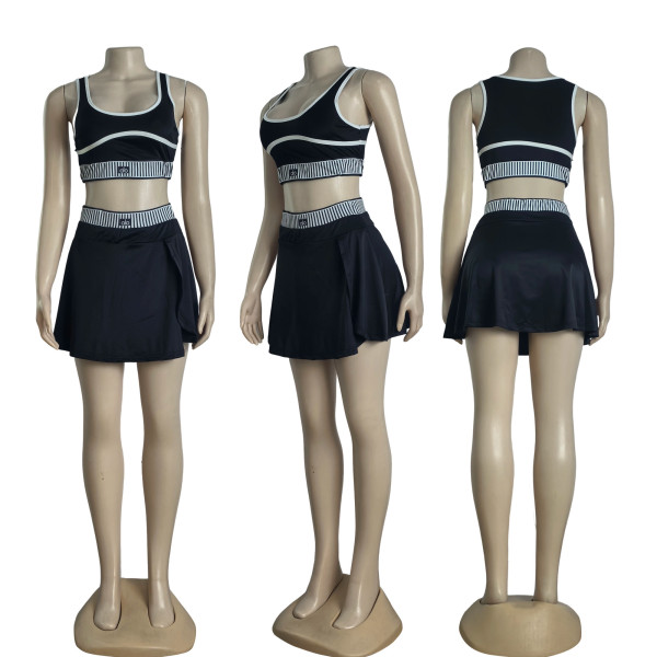 Knitted sports vest high stretch short skirt two-piece set