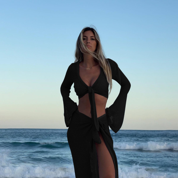 Hollow out long sleeved knitted two-piece set
