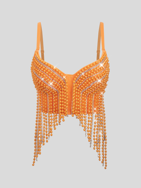 High end fishbone corset, heavy-duty nail bead tassel suspender top