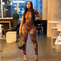 Backless pattern printed see through mesh jumpsuit Backless pattern printed see through mesh jumpsuit