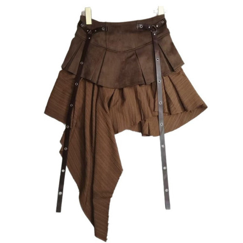 Splicing denim pleated half skirt high waist A-line short skirt