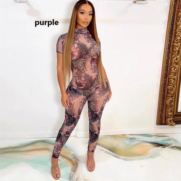 Backless pattern printed see through mesh jumpsuit
