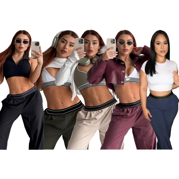Straight tube loose wide leg pants with elastic waistband embroidered letter pants