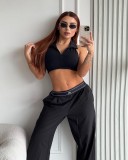 Straight tube loose wide leg pants with elastic waistband embroidered letter pants