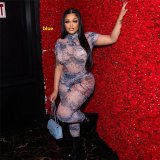 Backless pattern printed see through mesh jumpsuit
