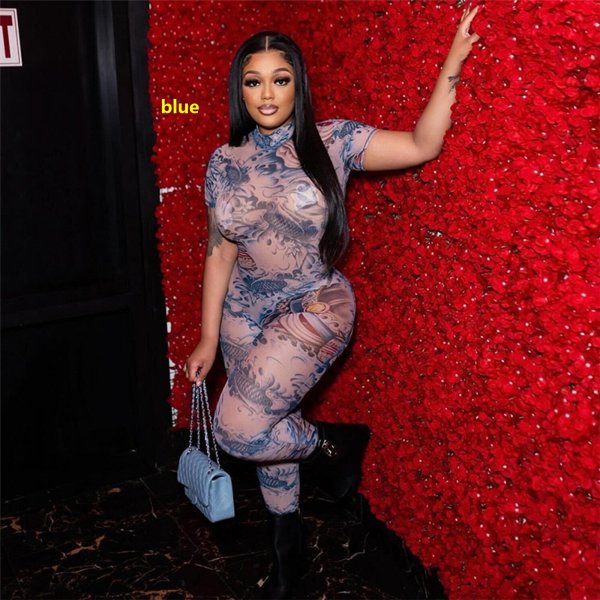 Backless pattern printed see through mesh jumpsuit