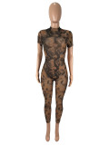 Backless pattern printed see through mesh jumpsuit