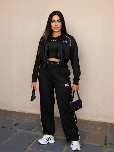 Embroidered Letter Zip-Up Hoodie with Multiple Pockets and Drawstring Pants Sports Three-Piece Set