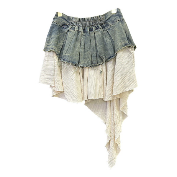 Splicing denim pleated half skirt high waist A-line short skirt