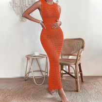 Hollow knit long skirt with suspender and backless dress Hollow knit long skirt with suspender and backless dress