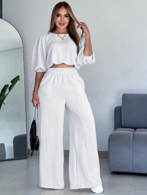 Bubble sleeve set loose short top with high waist and wide leg pants