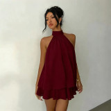 Backless hanging neck tied waist top, fluffy short skirt dress