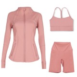 Sports slimming yoga suit, stand up collar jacket, Y-shaped vest, five piece pants, three piece set