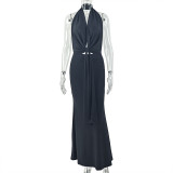 Hanging neck, waist, folded straps, hip hugging skirt, dress
