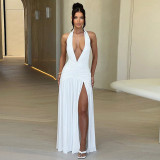 V-neck halter neck split dress