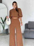 Bubble sleeve set loose short top with high waist and wide leg pants