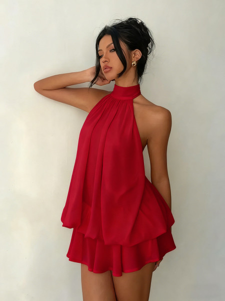 Backless hanging neck tied waist top, fluffy short skirt dress