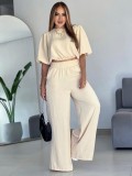 Bubble sleeve set loose short top with high waist and wide leg pants