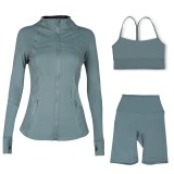 Sports slimming yoga suit, stand up collar jacket, Y-shaped vest, five piece pants, three piece set