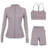 Sports slimming yoga suit, stand up collar jacket, Y-shaped vest, five piece pants, three piece set