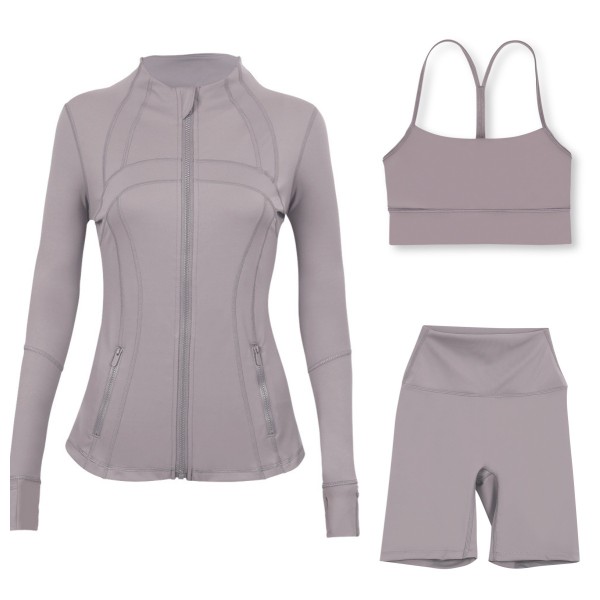 Sports slimming yoga suit, stand up collar jacket, Y-shaped vest, five piece pants, three piece set