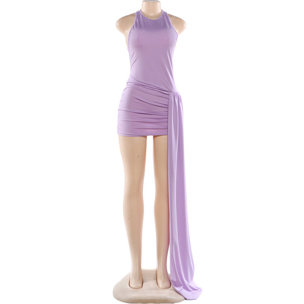 Ribbon round neck sleeveless backless waist bag and hip cinching dress