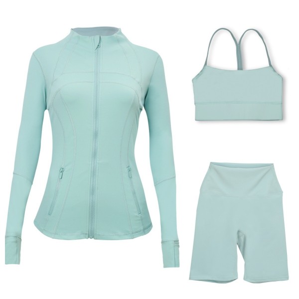 Sports slimming yoga suit, stand up collar jacket, Y-shaped vest, five piece pants, three piece set