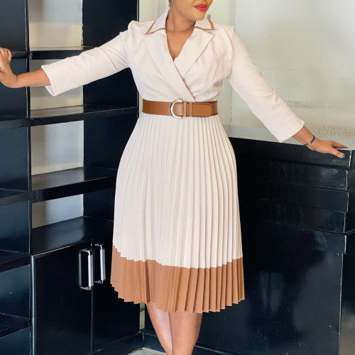 Suit collar color blocked pleated plus size dress